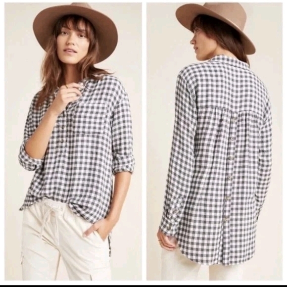 Anthropologie Tops - Anthropologie Isadora Button Back Tunic Gray Checkered Womens Size S Boho Chic
